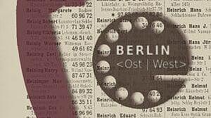 Abbildung von einem Historischen Telefonbuch mit einem Telefonhörer und einer Wählscheibe mit der Aufschrift Berlin <Ost | West>